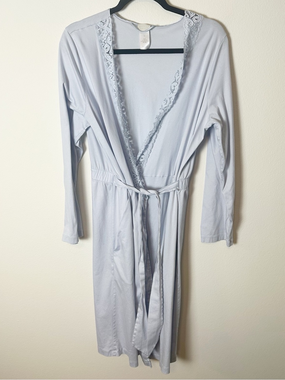 Hanro Jolina Robe Lace Trim Light Blue 100% Mercerized Cotton Large